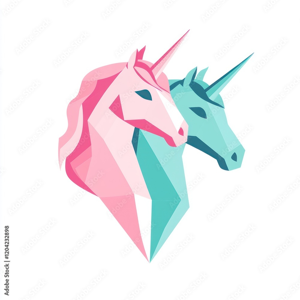 Obraz premium Geometric unicorn heads, stylized, graphic design, digital art, possible use for logo or social media graphic