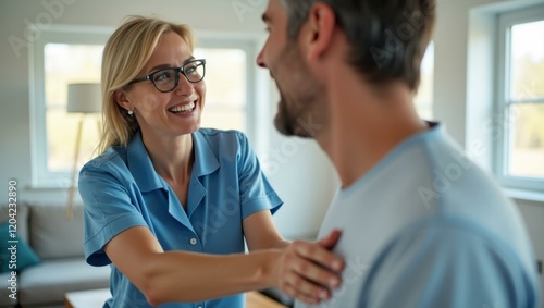 Wallpaper Mural Supportive moment where therapist and patient share laugh over completed exercise Smiling Caucasian physical therapist assisting a patient with exercises Torontodigital.ca