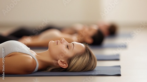 Group of Friends Practicing Savasana for Inner Peace and Relaxation, Cadaver activity in yoga concept.