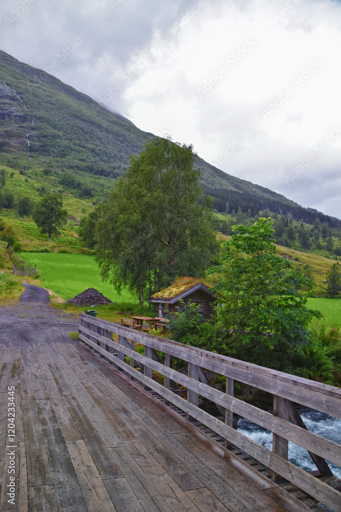Olden Norway 2024 hiking views towards Briksdal Glacier, Jostedal Glacier largest glacier on Europe's mainland. Glacial river flowing to Sognefjord. Scandinavia, Nordic.