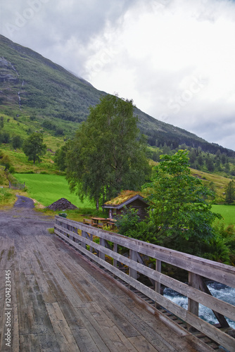 Obraz na płótnie Olden Norway 2024 hiking views towards Briksdal Glacier, Jostedal Glacier largest glacier on Europe's mainland. Glacial river flowing to Sognefjord. Scandinavia, Nordic. w salonie
