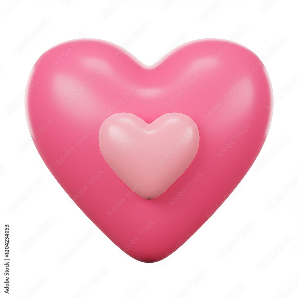 A 3D illustration of a pink heart shape with a smaller light pink heart inset in the center, isolated on a white background A 3D illustration of a pink heart shape with a smaller light pink heart inset in the center, isolated on a white background