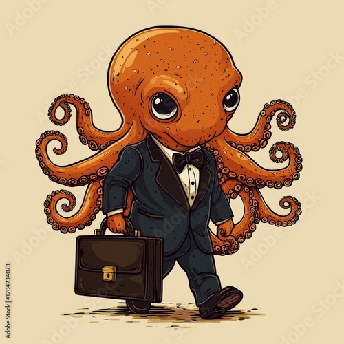 Cute Cartoon Octopus in Suit Carrying Briefcase Vector Illustration photo