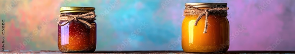 Colorful rustic glass jars of honey and jam on vibrant artistic background Colorful rustic glass jars of honey and jam on vibrant artistic background