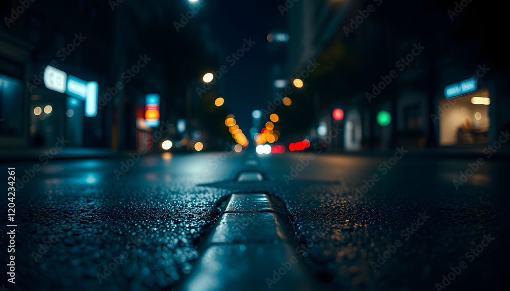 Dark street wet asphalt, reflection of new rays on a wet surface. Abstract bokeh light. Night street empty scene. Night view of the city, isometry, with white tones Dark street wet asphalt, reflection of new rays on a wet surface. Abstract bokeh light. Night street empty scene. Night view of the city, isometry, with white tones