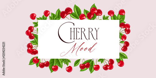 Cherry Mood. Banner frame of red cherries on pink delicate background. Vector illustration.
