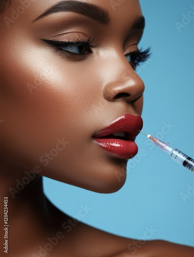 beauty, plastic surgery and people concept - close up of face of beautiful young african american woman and syringe with hyaluronal injection for lips augmentation over blue background photo