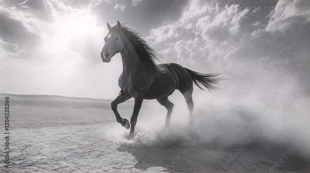 A black and white photograph of a horse running through a desert landscape. A black and white photograph of a horse running through a desert landscape.