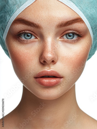 Photo of young female has contour plastic, gets ready for cosmetic surgery, has doted lines on eyelids and chin, bruises near eyes, wrapped in medical bandages, isolated over white background photo