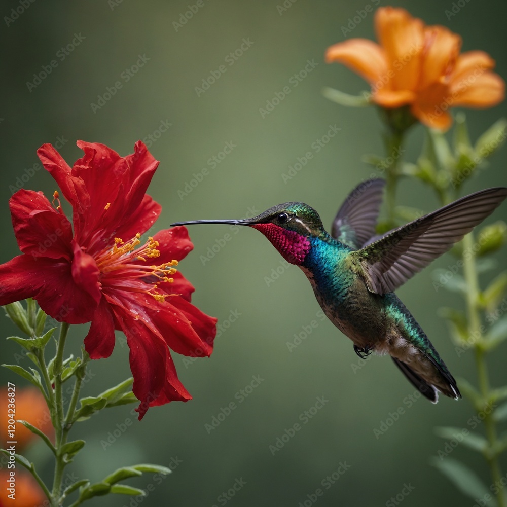 Fototapeta premium A resplendent hummingbird hovering near a red flower.