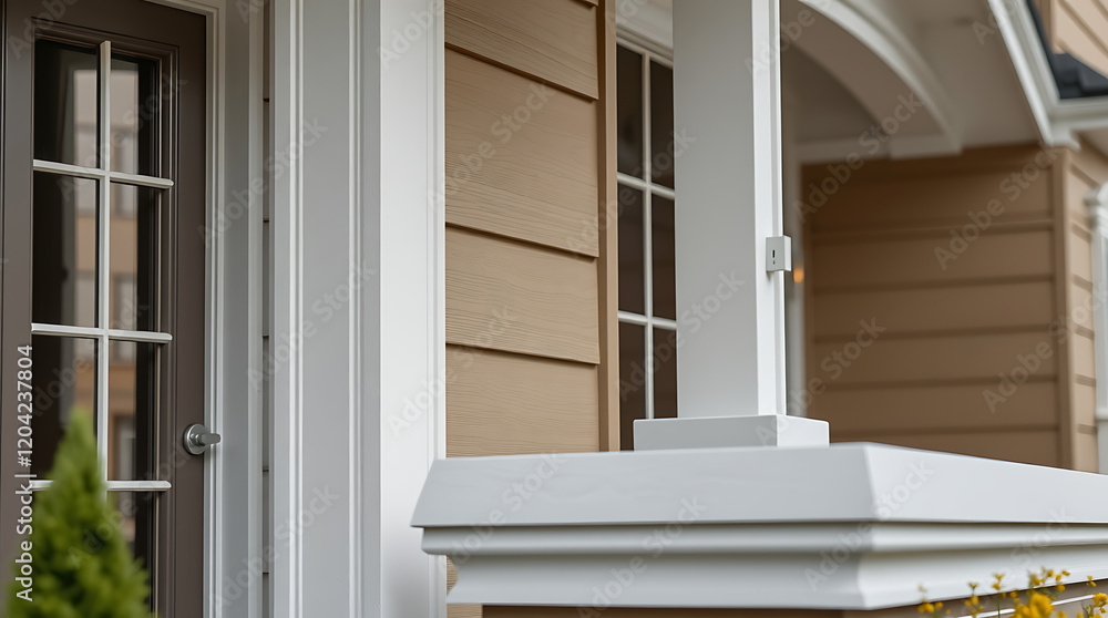 Fototapeta premium Modern House Exterior: Elegant Design and Architectural Details. Discover the beauty of contemporary home architecture with this stunning image. Ideal for real estate and design blogs.