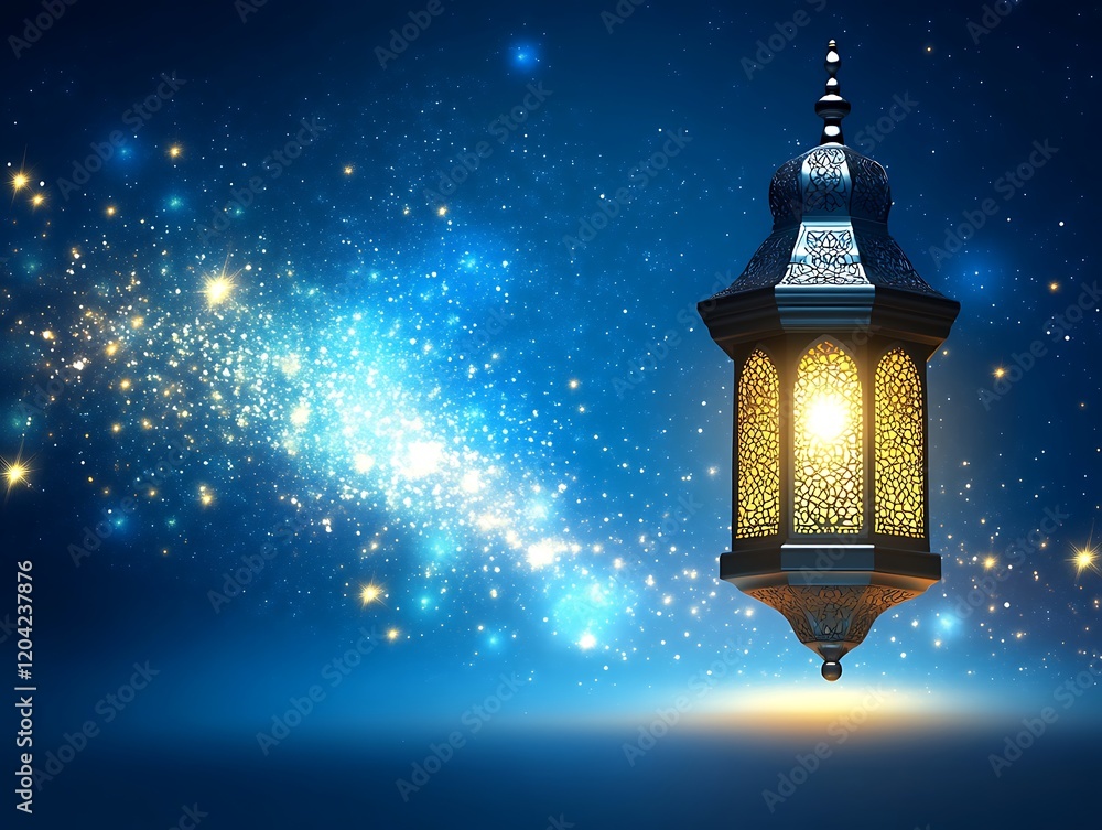 Glowing Ramadan Lantern Against Starry Night Sky Glowing Ramadan Lantern Against Starry Night Sky