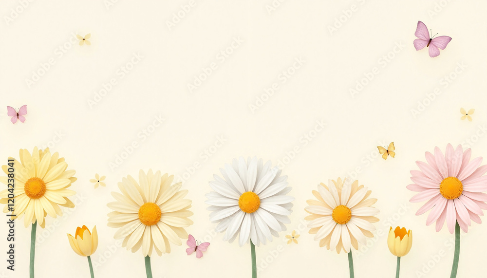 Pastel daisies and butterflies on a light yellow background Pastel daisies and butterflies on a light yellow background
