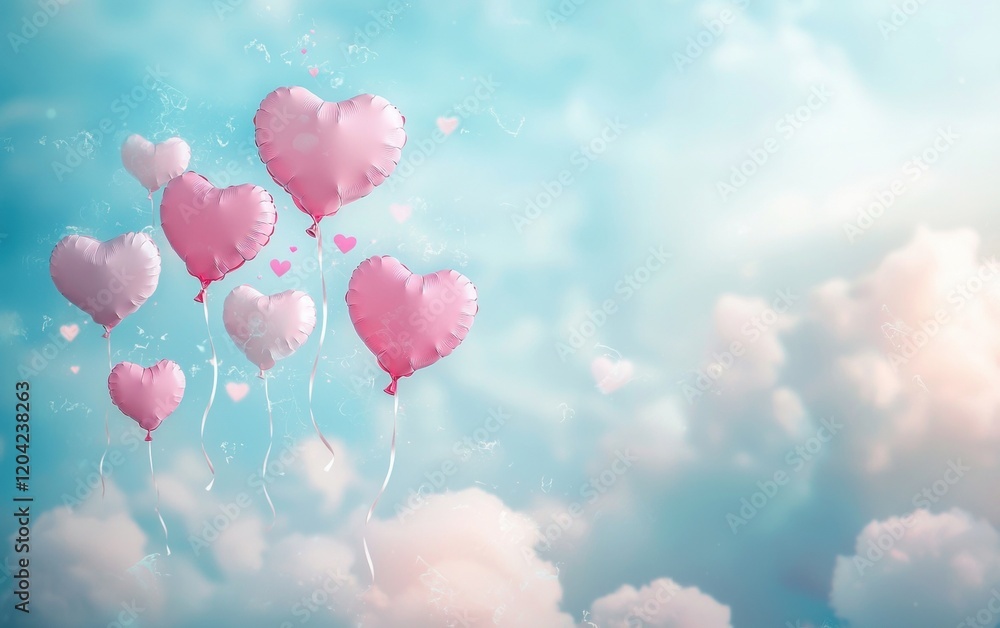 Fototapeta premium A dreamy pastel Valentines background with delicate floating heart balloons and soft clouds