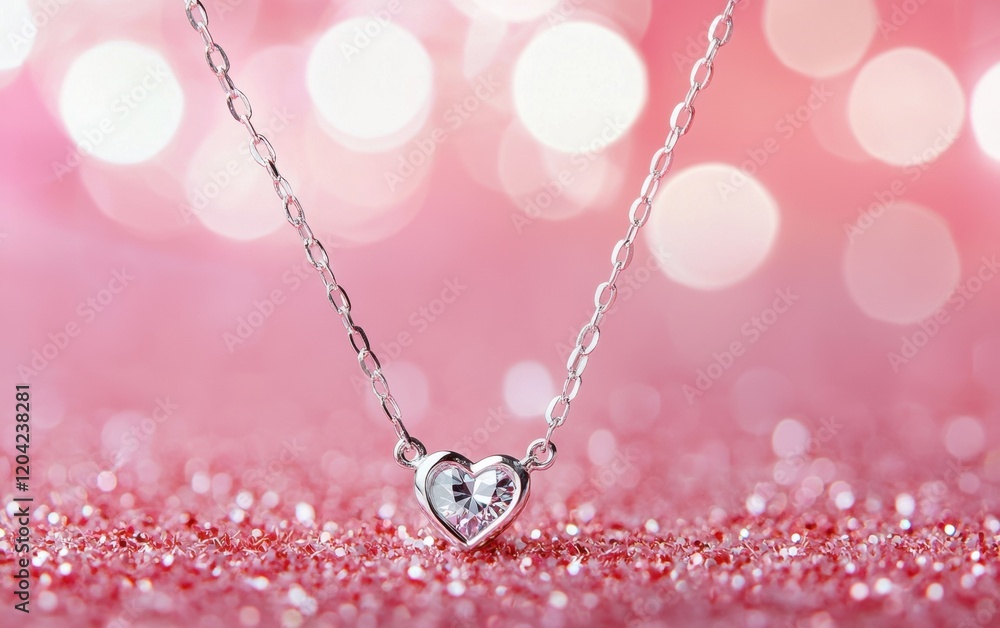 Fototapeta premium A delicate silver necklace with a tiny diamond heart pendant, showcased on a pastel pink bokeh background for valentines day