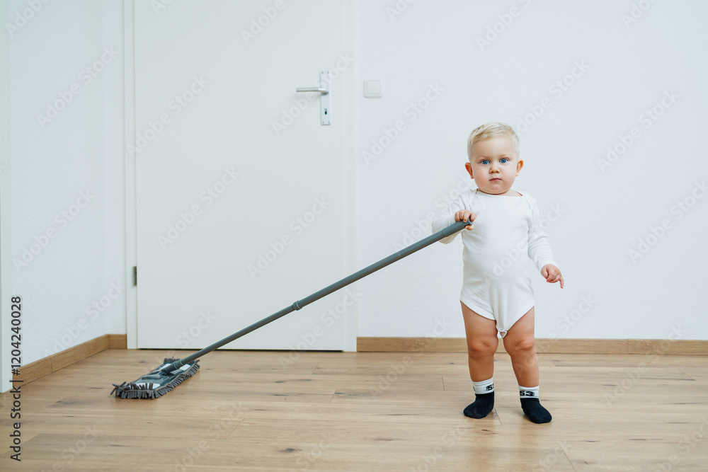 Little boy washes the floor with a mop. Toddler cleans at home. Mop for cleaning in the apartment. Little boy washes the floor with a mop. Toddler cleans at home. Mop for cleaning in the apartment.