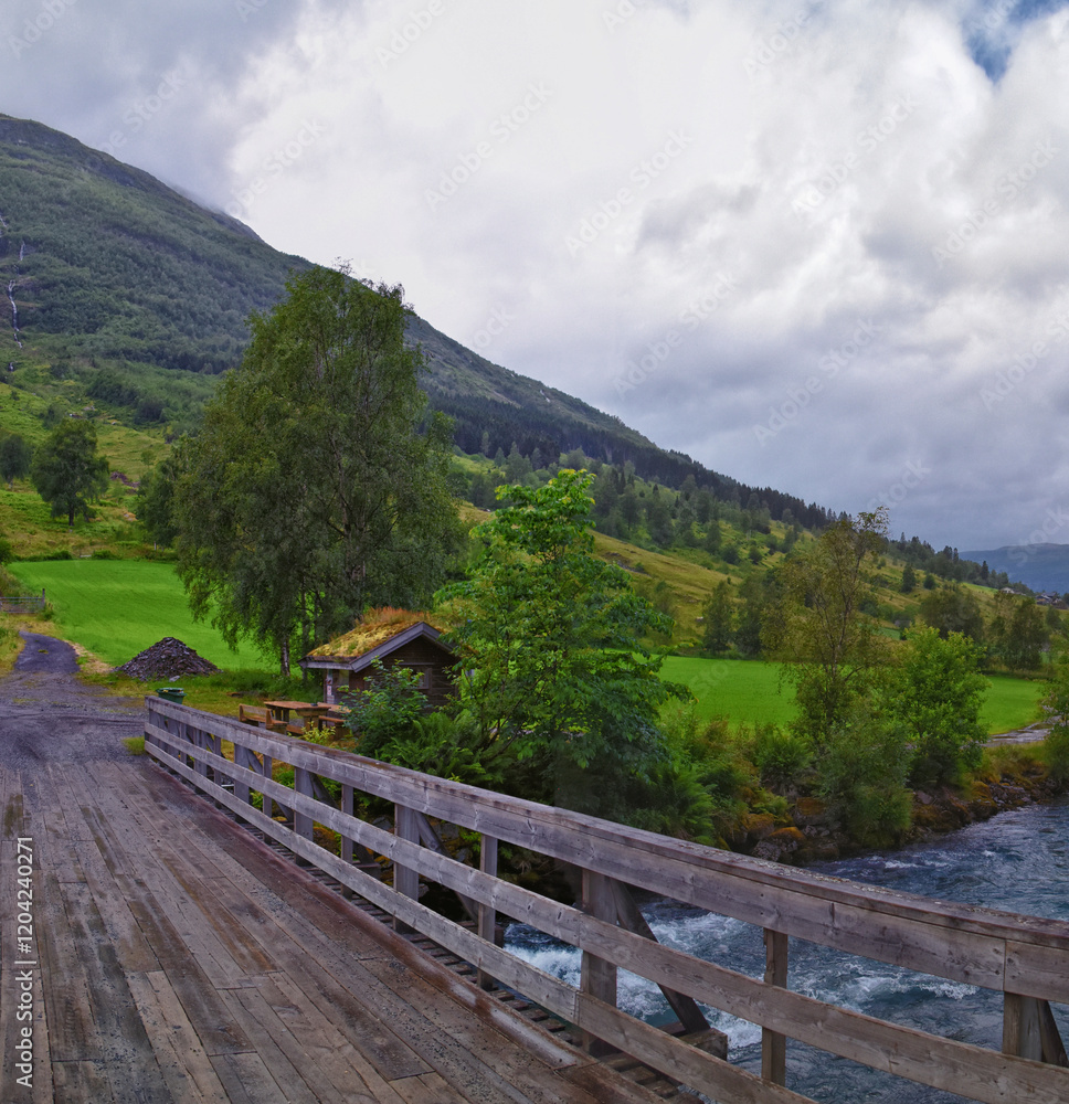 Olden Norway 2024 hiking views towards Briksdal Glacier, Jostedal Glacier largest glacier on Europe's mainland. Glacial river flowing to Sognefjord. Scandinavia, Nordic.