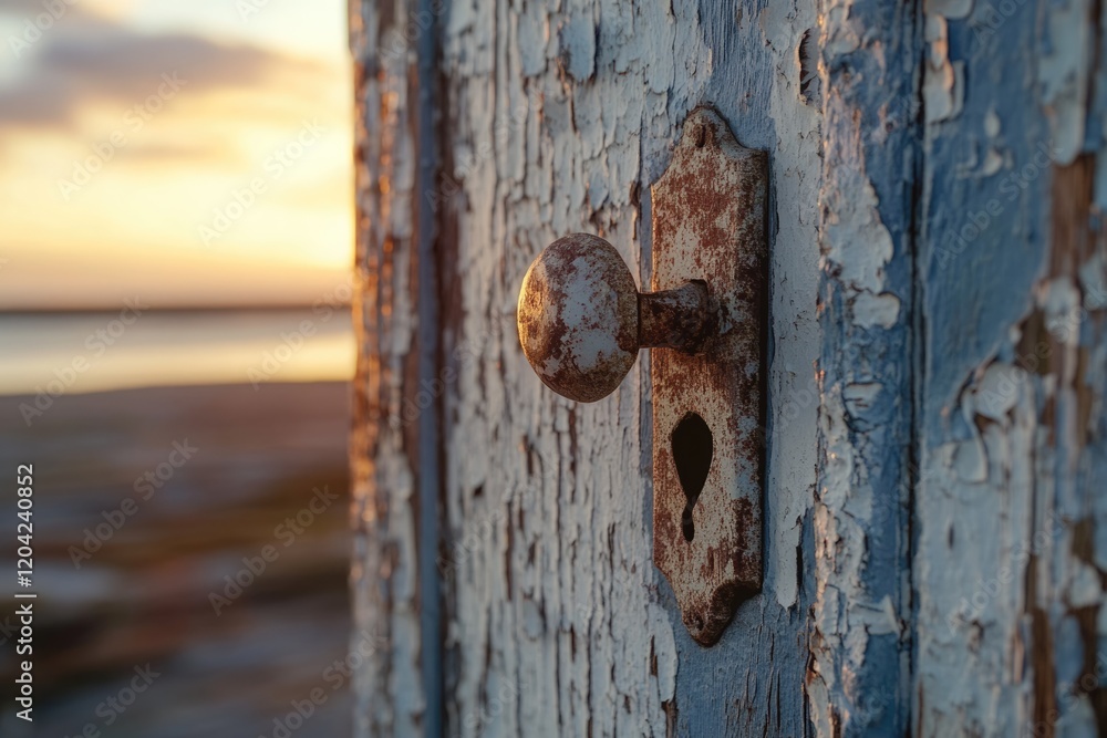 Rustic door knob on weathered, peeling paint against a sunset. Rustic door knob on weathered, peeling paint against a sunset.