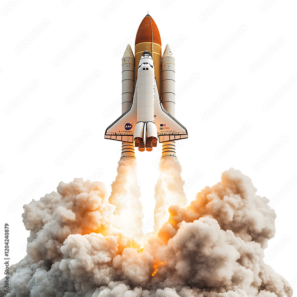 Naklejka premium Space shuttle launch with smoke and flames isolated white and transparent background