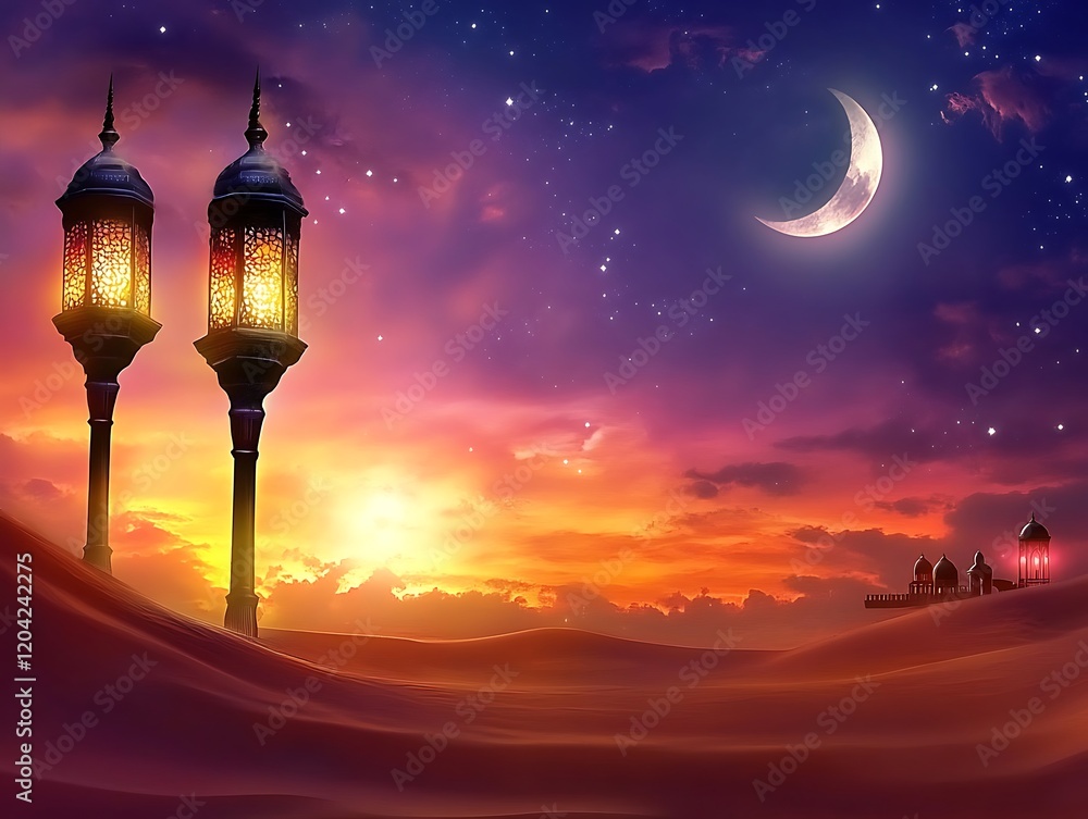 Illuminated Desert Lanterns Underneath Starlit Night Sky Illuminated Desert Lanterns Underneath Starlit Night Sky