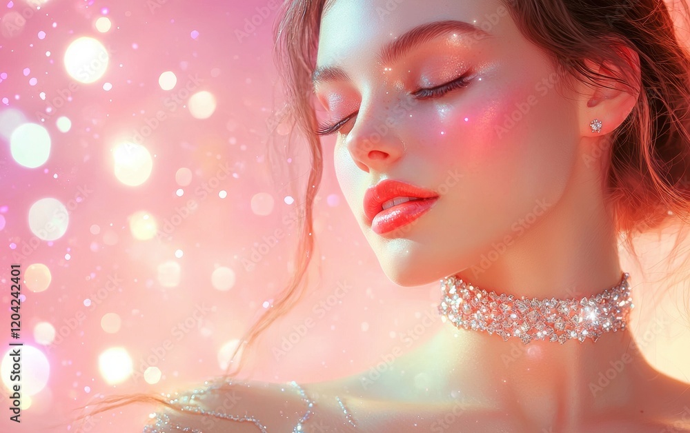 A glamorous portrait of a woman with a radiant diamond choker, glowing warmly under soft romantic lighting on a pastel pink background for valentines day A glamorous portrait of a woman with a radiant diamond choker, glowing warmly under soft romantic lighting on a pastel pink background for valentines day