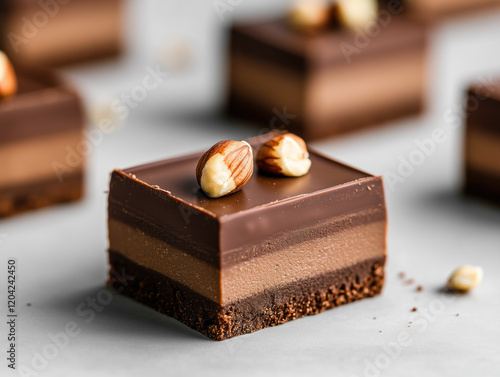 Decadent Chocolate Hazelnut Layered Dessert with Whole Nuts on Top photo