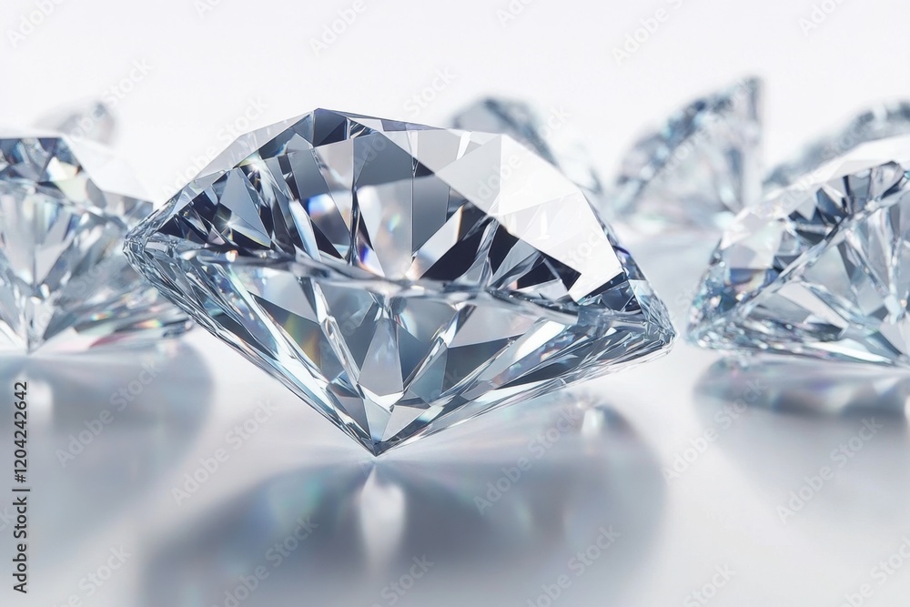 Sparkling diamonds on white reflective surface Sparkling diamonds on white reflective surface