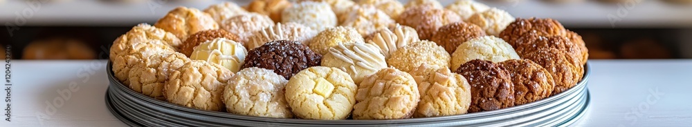 Assorted cookies arrangement in round tin container on wooden table Assorted cookies arrangement in round tin container on wooden table