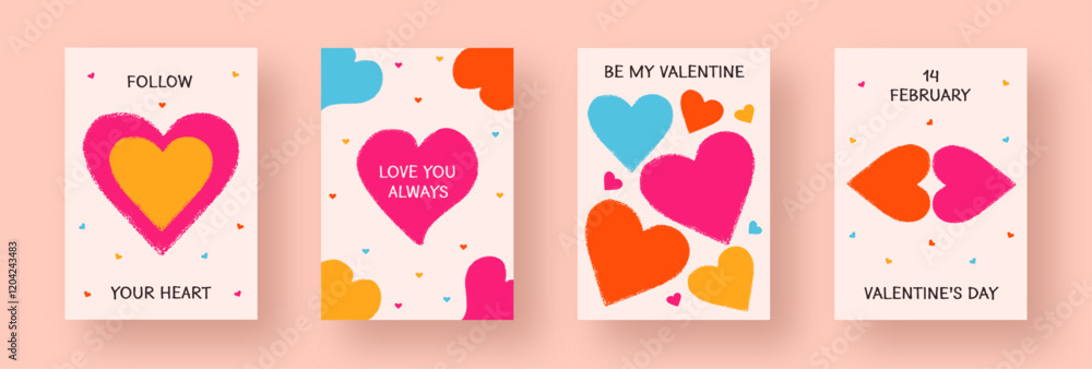 The Valentine's Day card set features hand-drawn, crayon-scribbled hearts in vibrant pink, orange, yellow, and blue. The playful, naive vector designs include the text Love You Always and 14 February. The Valentine's Day card set features hand-drawn, crayon-scribbled hearts in vibrant pink, orange, yellow, and blue. The playful, naive vector designs include the text Love You Always and 14 February.
