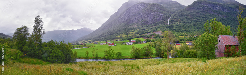 Olden Norway 2024 hiking views towards Briksdal Glacier, Jostedal Glacier largest glacier on Europe's mainland. Glacial river flowing to Sognefjord. Scandinavia, Nordic.