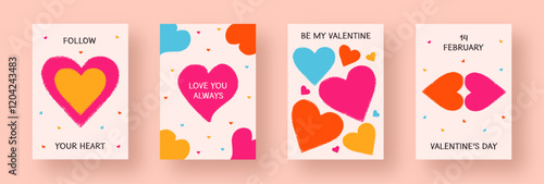 The Valentine's Day card set features hand-drawn, crayon-scribbled hearts in vibrant pink, orange, yellow, and blue. The playful, naive vector designs include the text Love You Always and 14 February.