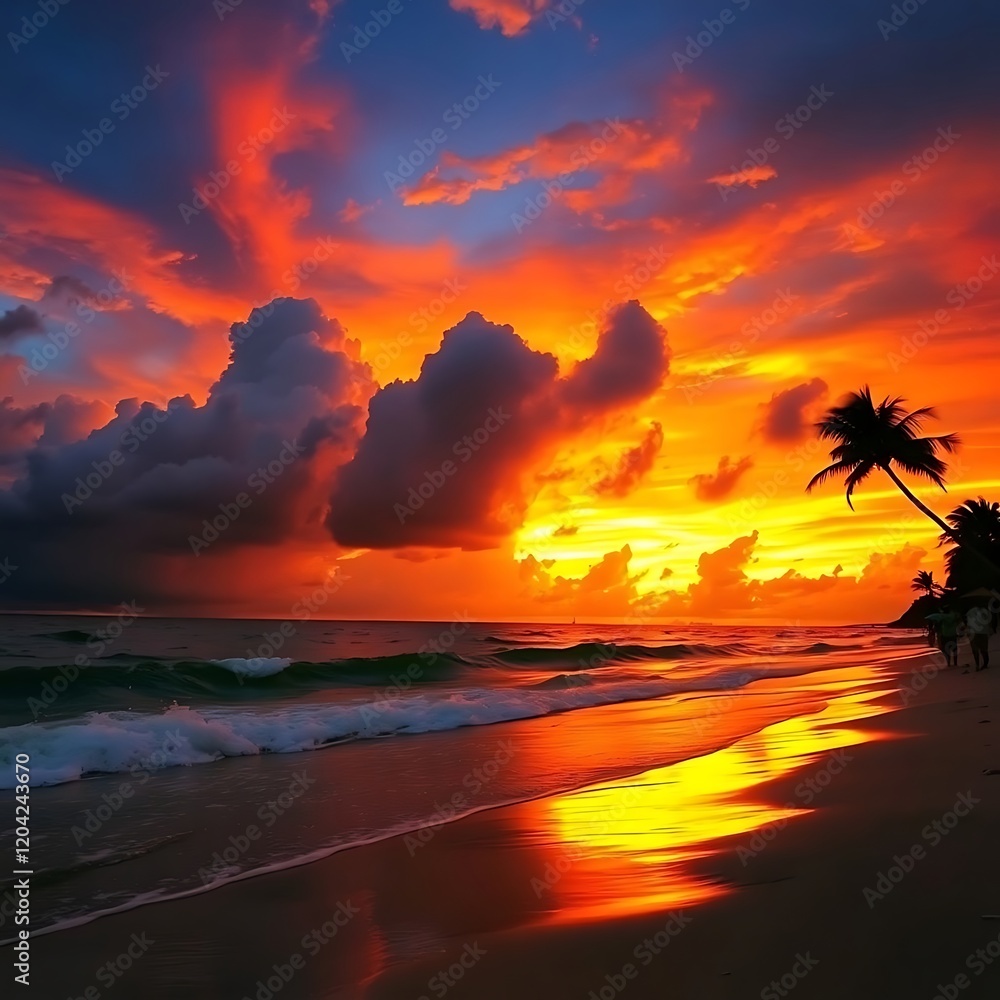 Fiery sunset over tropical beach. Fiery sunset over tropical beach.