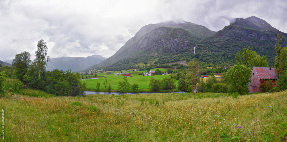 Olden Norway 2024 hiking views towards Briksdal Glacier, Jostedal Glacier largest glacier on Europe's mainland. Glacial river flowing to Sognefjord. Scandinavia, Nordic.