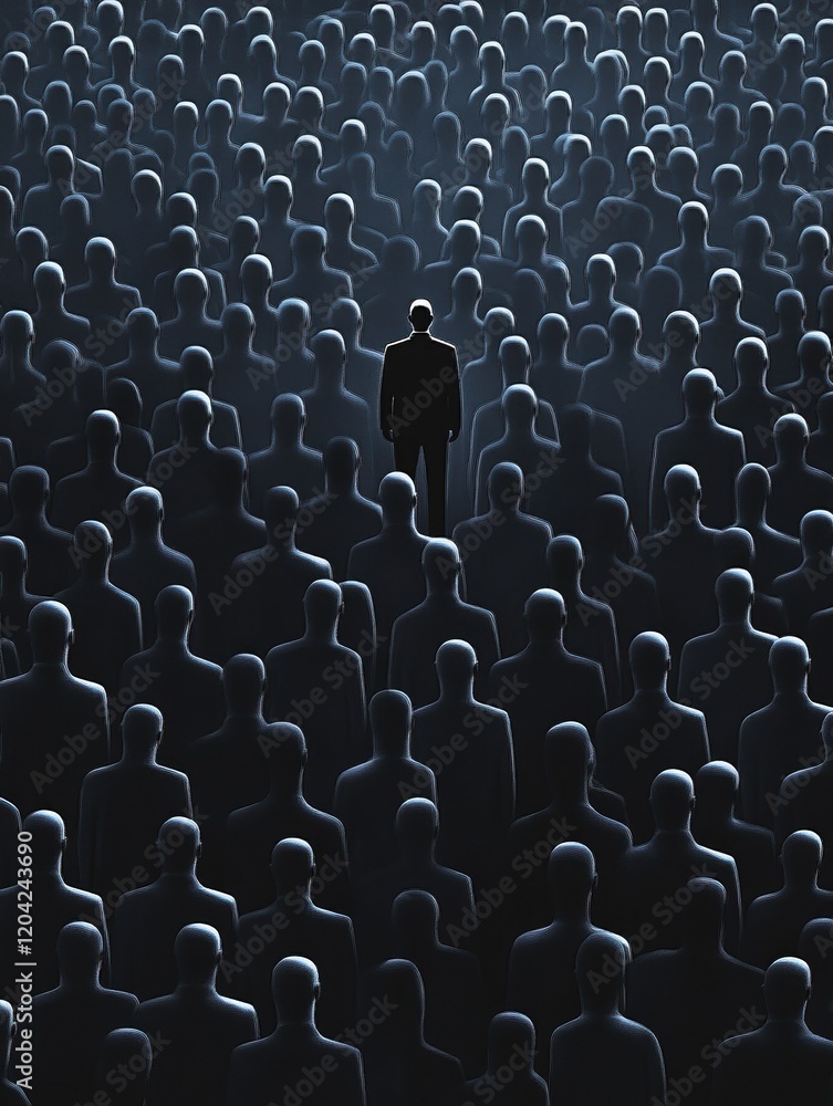 Obraz premium unique 3D illustration of leader standing out among crowd of identical figures, symbolizing individuality and leadership in sea of conformity