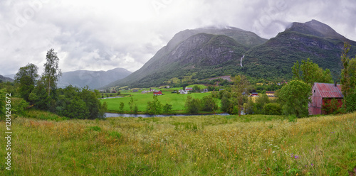 Obraz na płótnie Olden Norway 2024 hiking views towards Briksdal Glacier, Jostedal Glacier largest glacier on Europe's mainland. Glacial river flowing to Sognefjord. Scandinavia, Nordic. w salonie