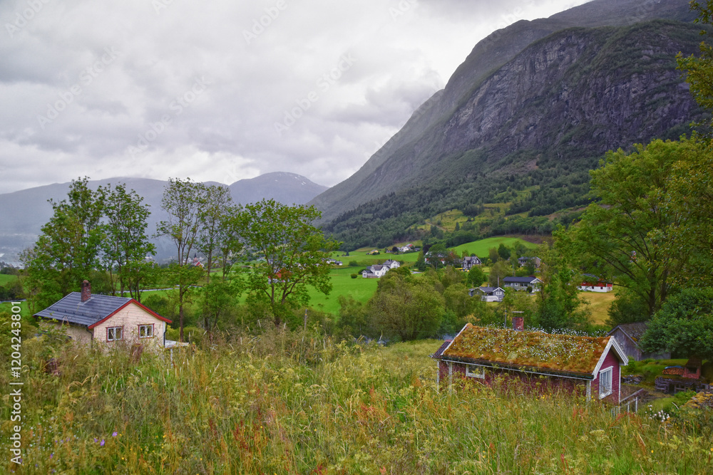 Olden Norway 2024 hiking views towards Briksdal Glacier, Jostedal Glacier largest glacier on Europe's mainland. Glacial river flowing to Sognefjord. Scandinavia, Nordic.