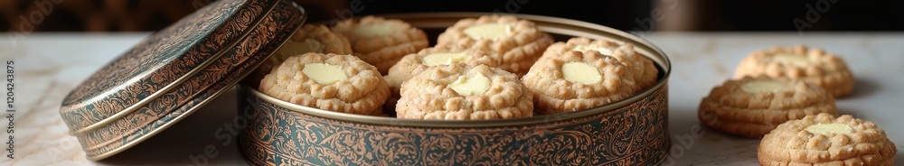 Delicious butter cookies in ornate tin on marble surface Delicious butter cookies in ornate tin on marble surface