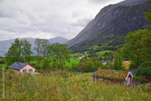 Obraz na płótnie Olden Norway 2024 hiking views towards Briksdal Glacier, Jostedal Glacier largest glacier on Europe's mainland. Glacial river flowing to Sognefjord. Scandinavia, Nordic. w salonie