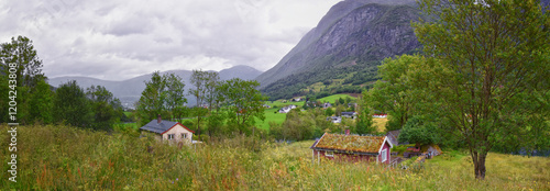 Obraz na płótnie Olden Norway 2024 hiking views towards Briksdal Glacier, Jostedal Glacier largest glacier on Europe's mainland. Glacial river flowing to Sognefjord. Scandinavia, Nordic. w salonie
