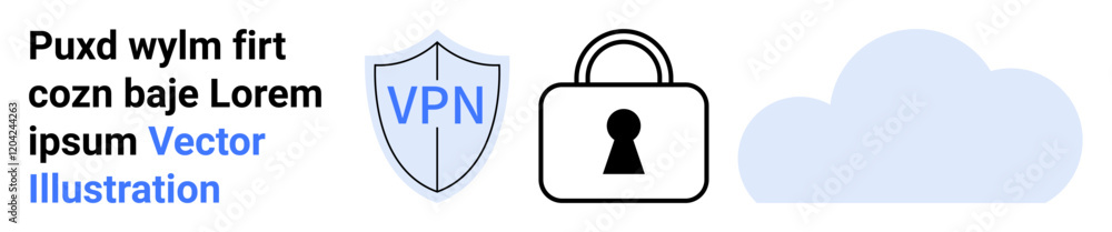 VPN shield, lock, and cloud icon. Text on the left with placeholder words. Ideal for security, privacy, online protection, encryption digital safety remote work cloud services. Landing page VPN shield, lock, and cloud icon. Text on the left with placeholder words. Ideal for security, privacy, online protection, encryption digital safety remote work cloud services. Landing page