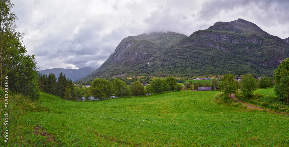 Olden Norway 2024 hiking views towards Briksdal Glacier, Jostedal Glacier largest glacier on Europe's mainland. Glacial river flowing to Sognefjord. Scandinavia, Nordic.
