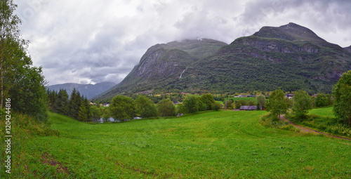 Obraz na płótnie Olden Norway 2024 hiking views towards Briksdal Glacier, Jostedal Glacier largest glacier on Europe's mainland. Glacial river flowing to Sognefjord. Scandinavia, Nordic. w salonie