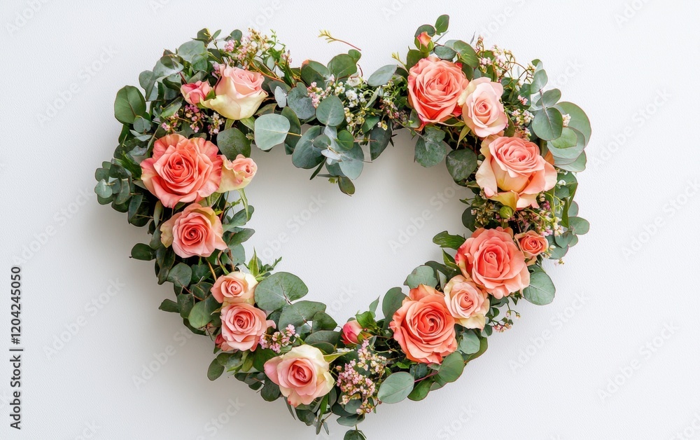 A heart shaped floral wreath made of fresh roses, eucalyptus leaves, and small blossoms for Valentines Day and 8 March A heart shaped floral wreath made of fresh roses, eucalyptus leaves, and small blossoms for Valentines Day and 8 March