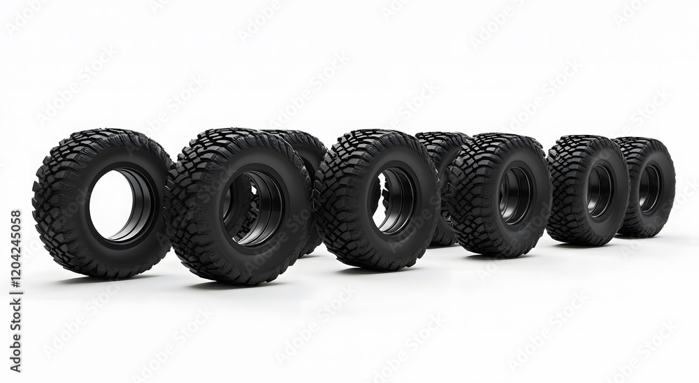 Row of New Black Tires with Detailed Tread Patterns on a White Background Row of New Black Tires with Detailed Tread Patterns on a White Background