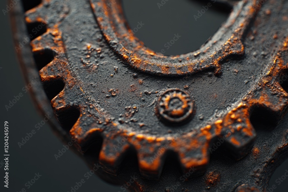Close-up of a rusty, dark metallic gear with orange accents, showcasing intricate details and texture. Close-up of a rusty, dark metallic gear with orange accents, showcasing intricate details and texture.