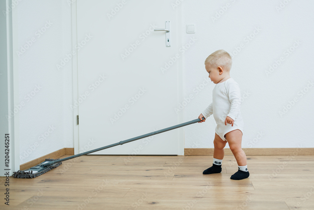 Little boy washes the floor with a mop. Toddler cleans at home. Mop for cleaning in the apartment. Little boy washes the floor with a mop. Toddler cleans at home. Mop for cleaning in the apartment.