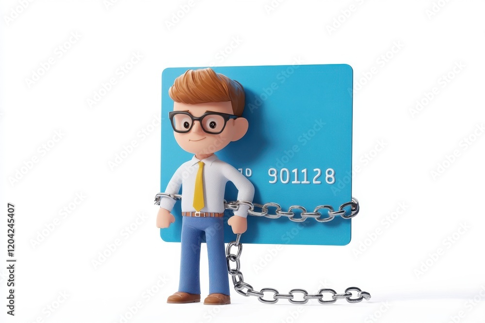 3D cartoon man chained to credit card 3D cartoon man chained to credit card