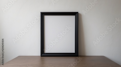 Empty Black Frame on Wooden Table against a White Wall