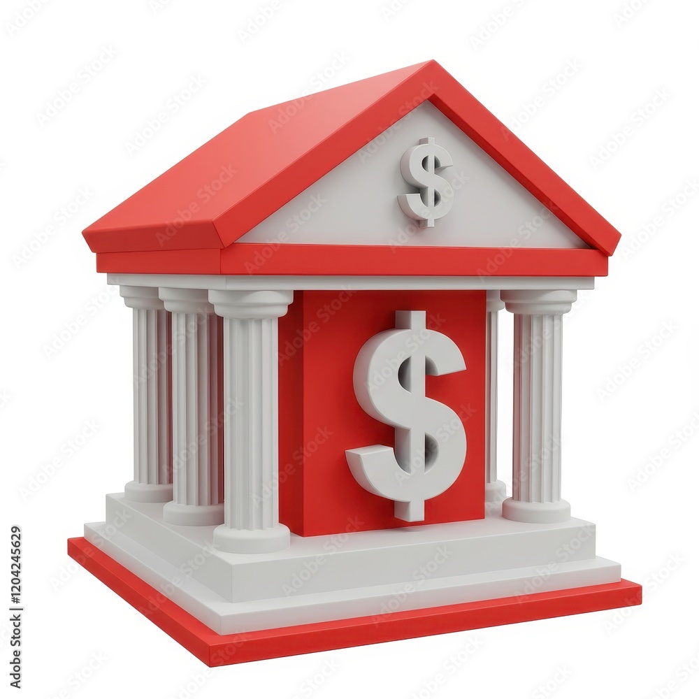 A 3D illustration of a red and white bank building with pillars and a roof featuring a white dollar sign isolated on a white background A 3D illustration of a red and white bank building with pillars and a roof featuring a white dollar sign isolated on a white background