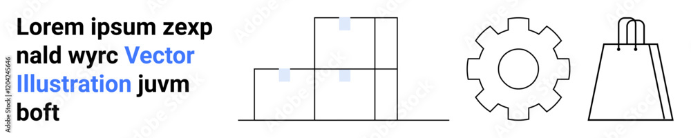 Box icons stacked together, a gear, and a shopping bag outline. Ideal for logistics, supply chain, e-commerce, manufacturing, inventory management retail shipping. Landing page Box icons stacked together, a gear, and a shopping bag outline. Ideal for logistics, supply chain, e-commerce, manufacturing, inventory management retail shipping. Landing page